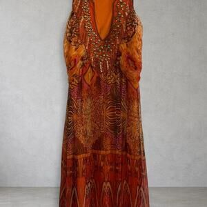 Vintage Alberto Makali Orange Beaded Sequin Dress Sz M Y2K Boho Resort 2000s